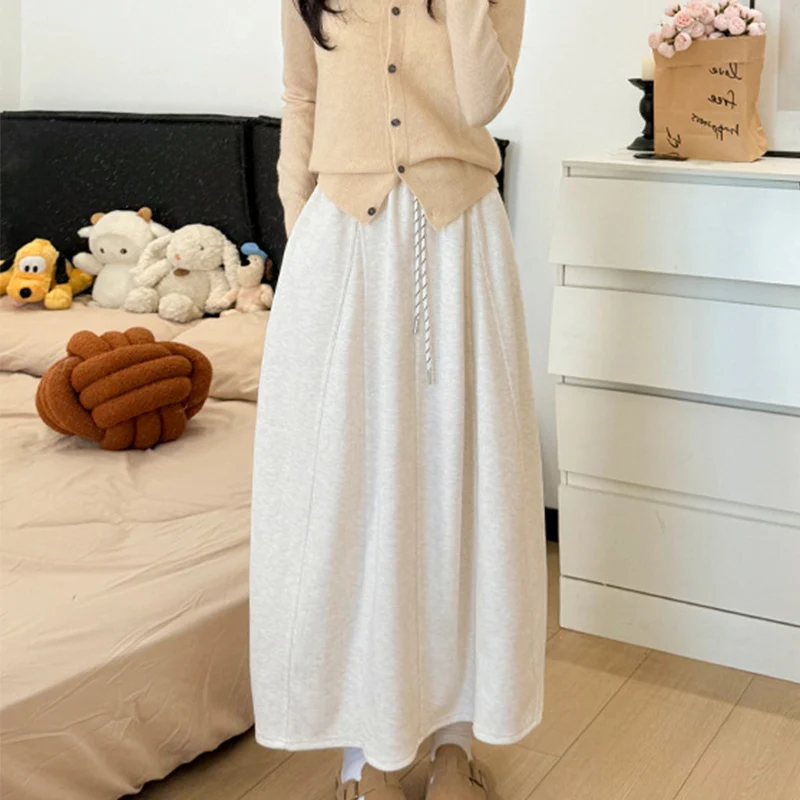 

Women Autumn Winter Warm Knitted Midi Skirts Woman Korean Streetwear Baggy Maxi Skirts High Waist Drawstring Puffer Long Skirt
