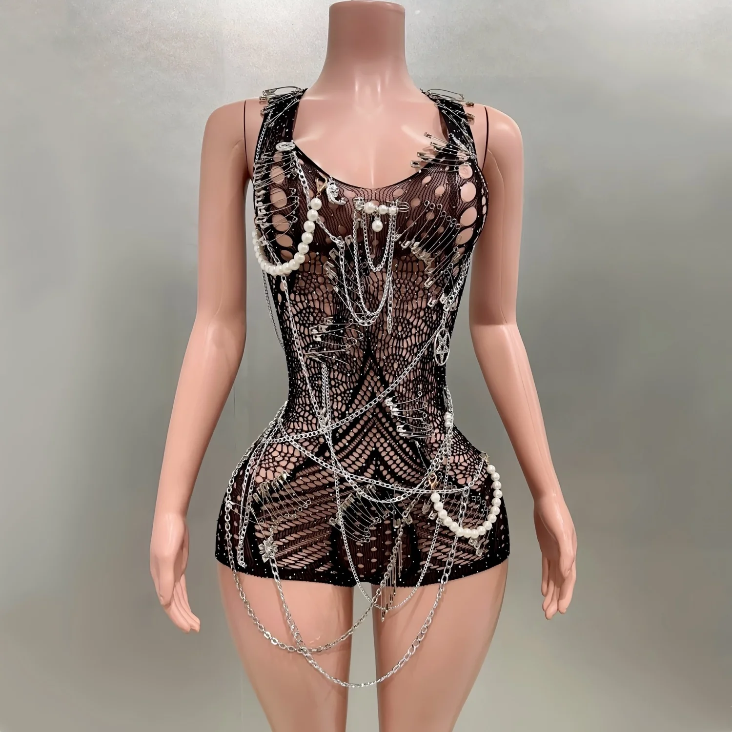 Celebrity Fashion Nightclub Party Birthday Wear Women Sexy Mesh See Through Bodycon Beading Playsuit Performance Costume