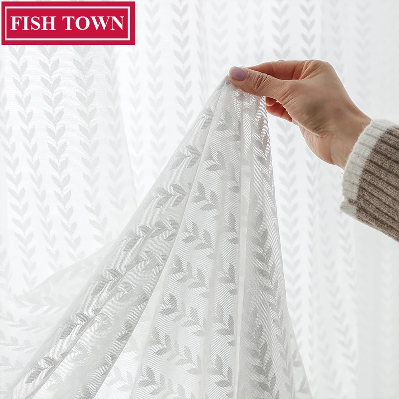 FISH TOWN Modern Luxury White Tulle Curtain for Living Room Bedroom Window Jacquard Sheers Serape Home Decor Drape Custom Made