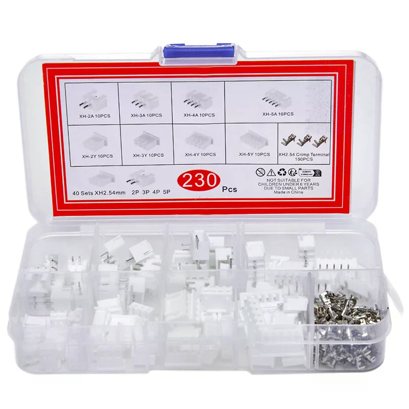 230pcs XH2.54 PH2.0 2p 3p 4p 5 Pin 2.54mm 2.0mm Pitch Terminal Kit JST Connector Wire Connectors Adaptor Box Packing