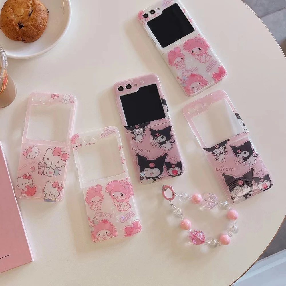 Kwaii Hello Kitty My Melody with Bracelet Phone Case for Samsung Galaxy Z Flip 3 4 Z Flip 5 6 5G PC Hard Anti-drop Back Cover