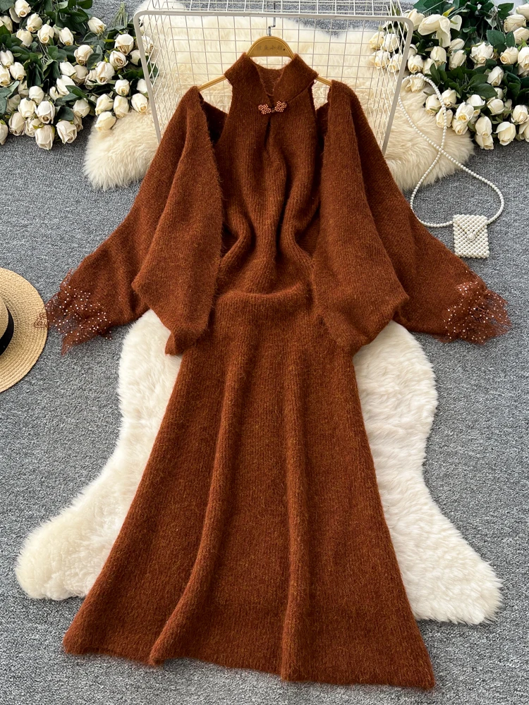 

Ele кружевное вязаное платье женское осенне-зимнее платье с высокой талией, облегающий комплект из двух предметов, роскошная повседневная одежда