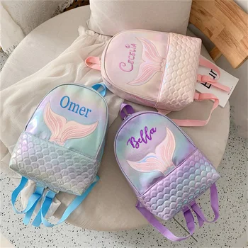 Mochila de PU de sirena personalizada para estudiantes, de gran capacidad para niñas mochila escolar, bolsas de regalo de cumpleaños con nombre personalizado, nueva