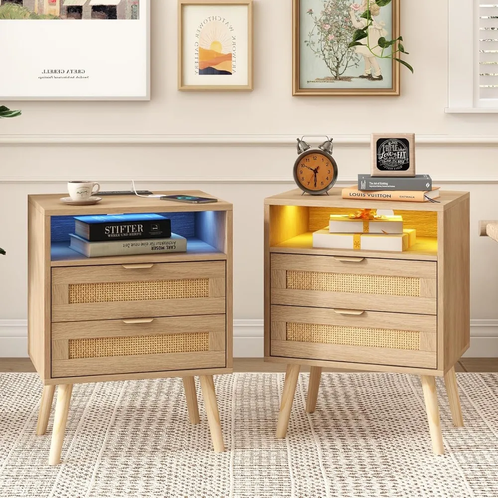 

Rattan Nightstands Set of 2 with Charging Station and Led Lights, End Tables with 2 Drawers and Wood Legs, Bedside Tables Night