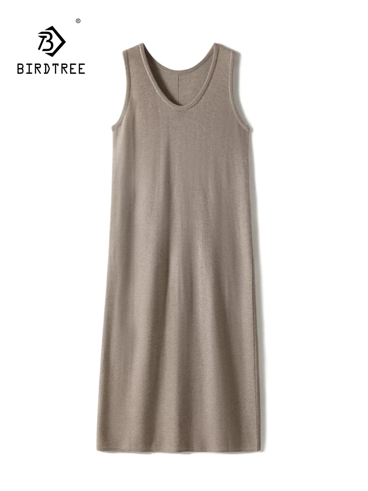 

BirdTree, 5%Mulberry Silk 10% Wool Elegant Dresses, Women V Neck Sleeveless Solid, OL Commute KnitDress, 2024 Summer D45331QC