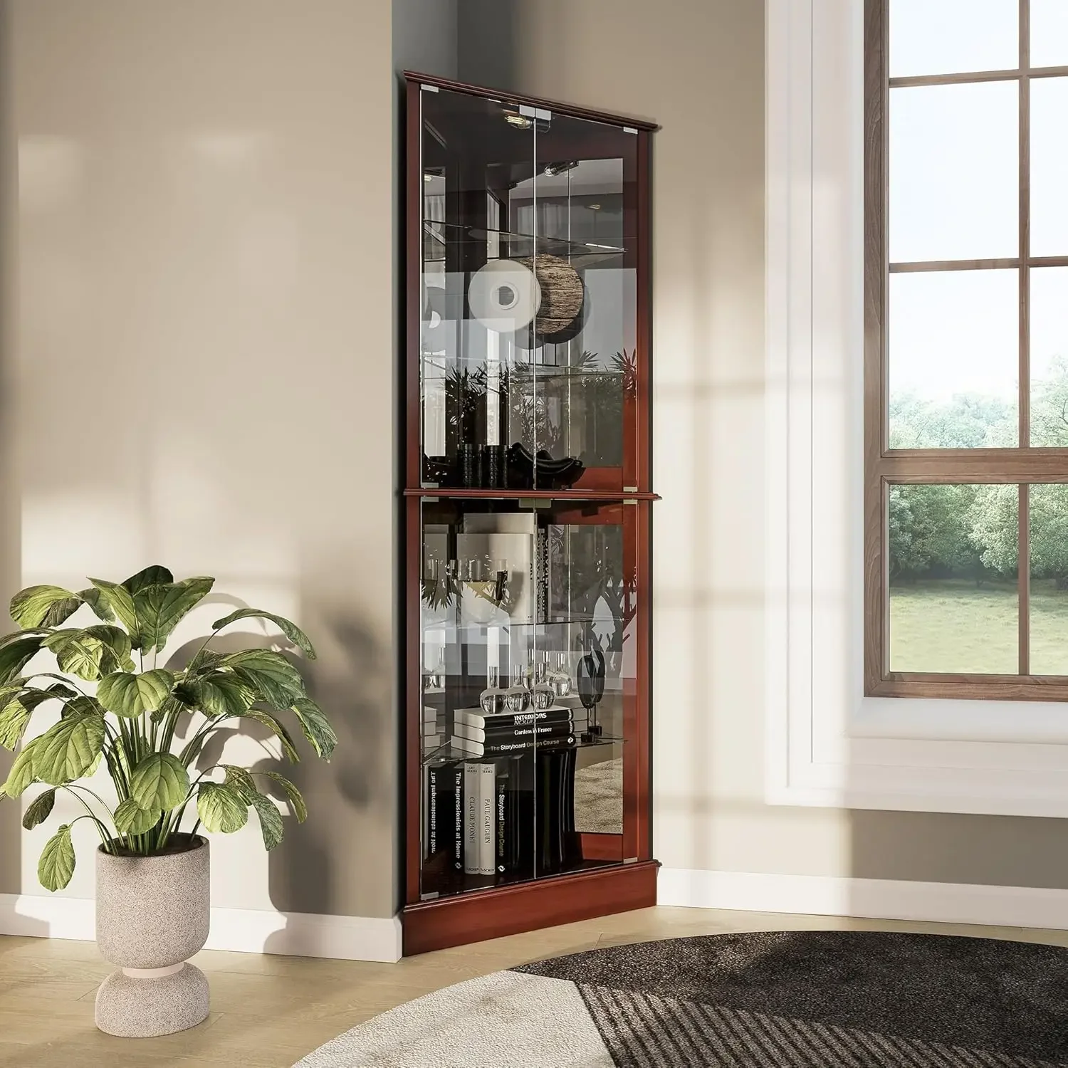 

Lighted Corner Display Curio Cabinet Wooden Shelving Unit with Tempered Glass Door,