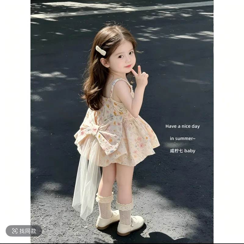 Girls' 2026 Summer French Floral Puff Bow Strap Mesh Tail Skirt
