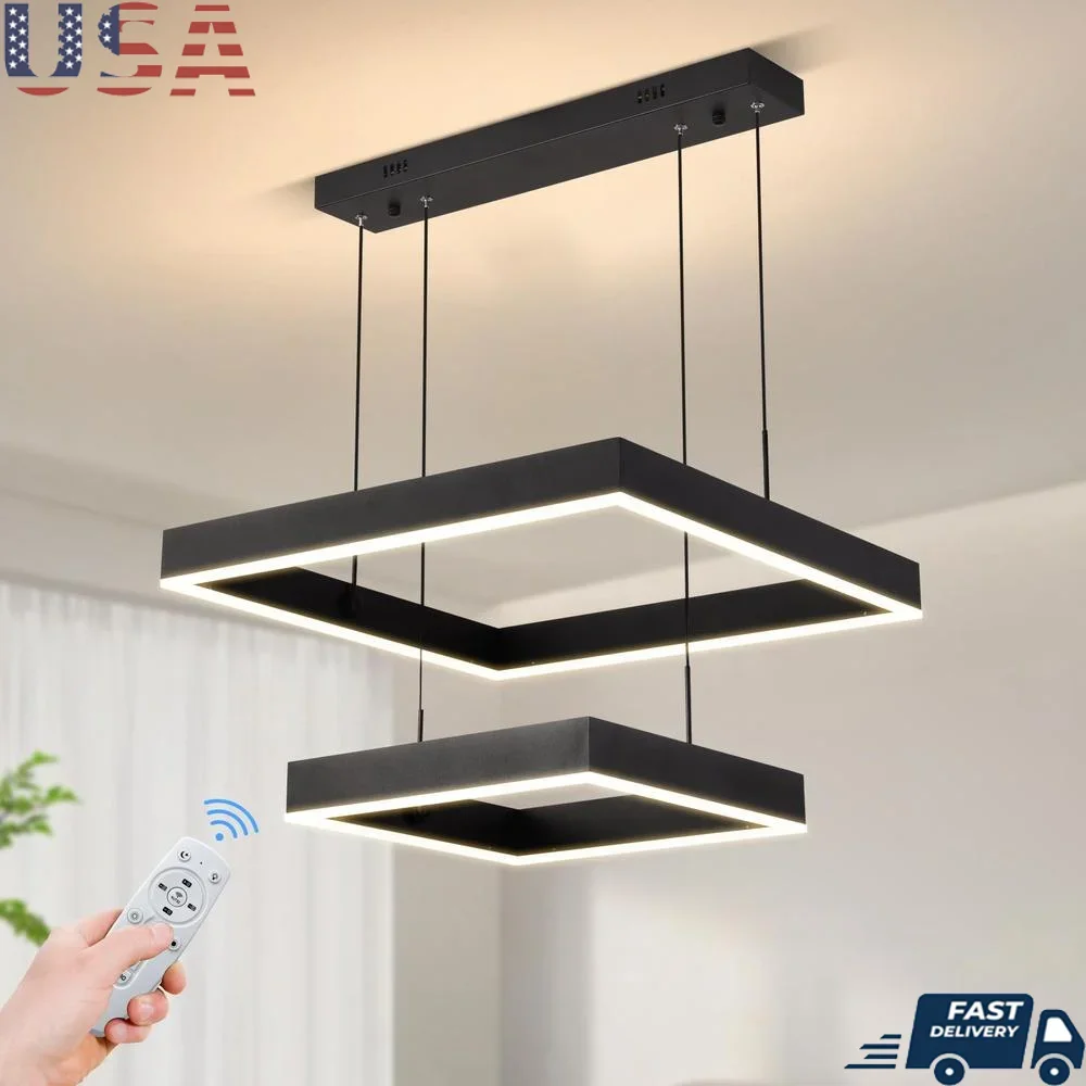

Modern LED Chandelier Dimmable Two Ring Pendant Light High Ceiling Hanging Lighting Energy Saving Adjustable Height Dining Room