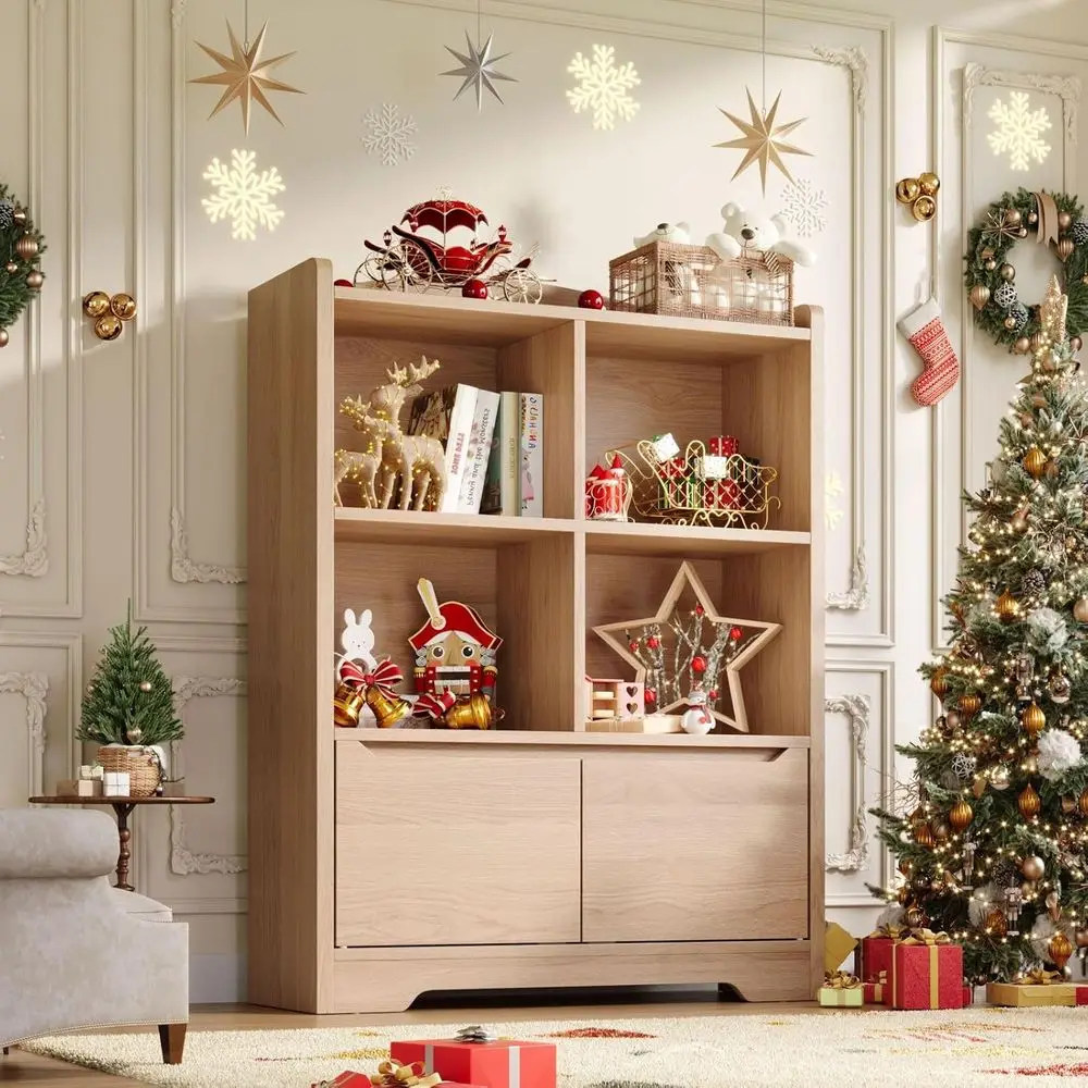 رف كتب للأطفال ومنظم ألعاب، رف كتب للأطفال من طبقتين لغرف الأطفال مع بابين، منظم تخزين 4 مكعبات، بوو خشبي للأطفال