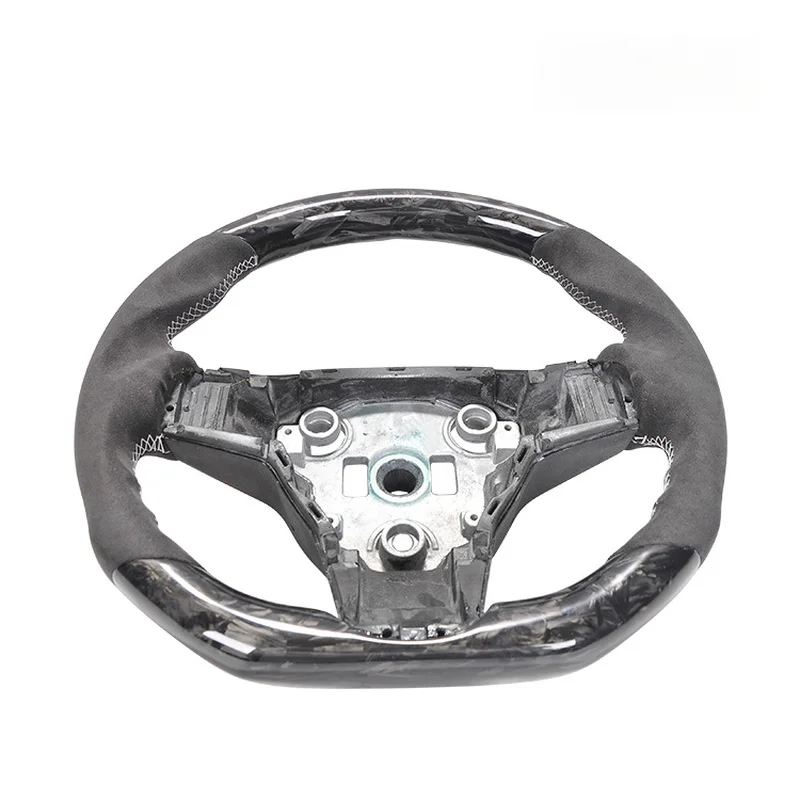 For Tesla Model 3 Y Marble Forged Black Brown Stitching Steering Wheel