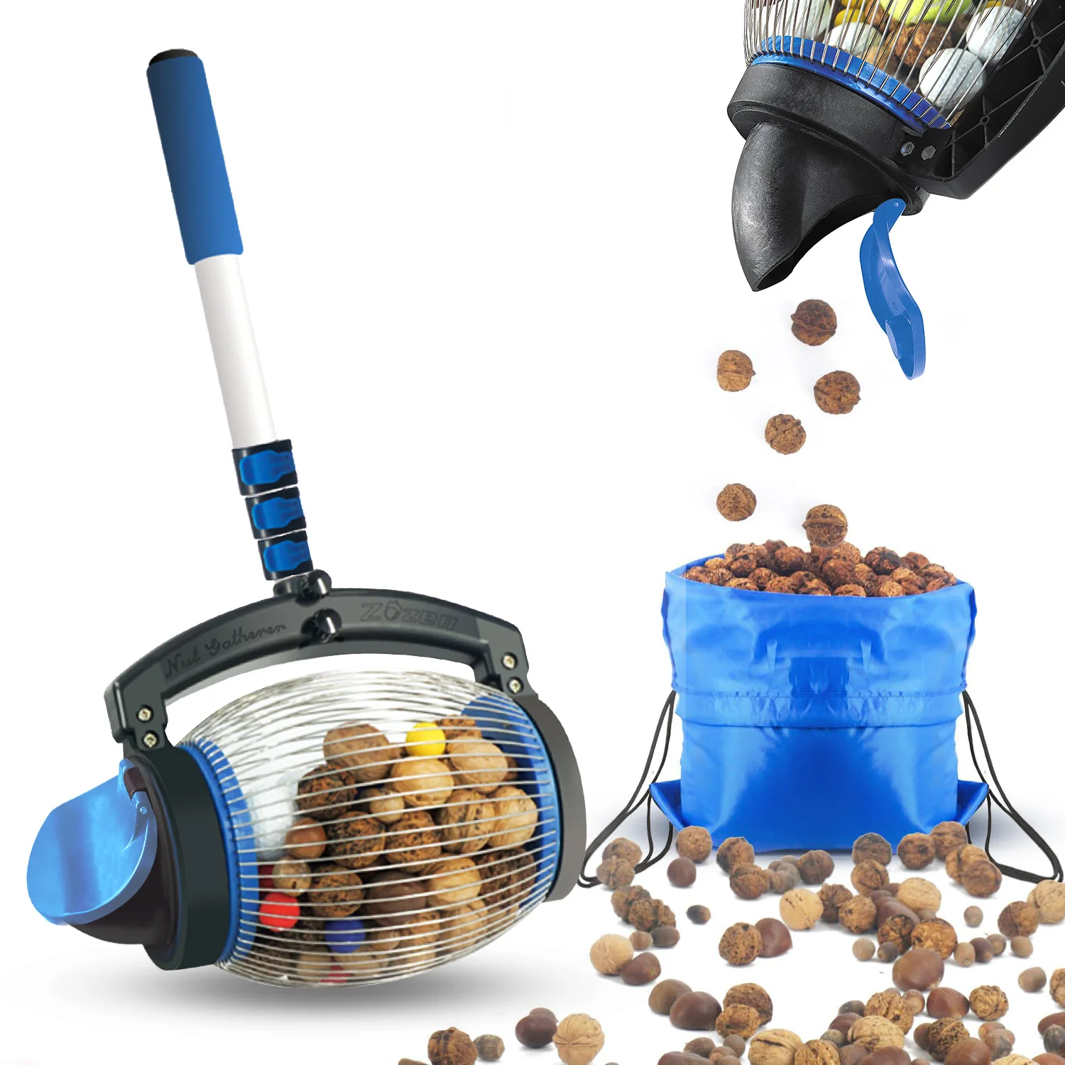 Garden Hand Tools Stainless Steel Nut Picker Upper Roller Collector With Telescopic Rod Black Blue