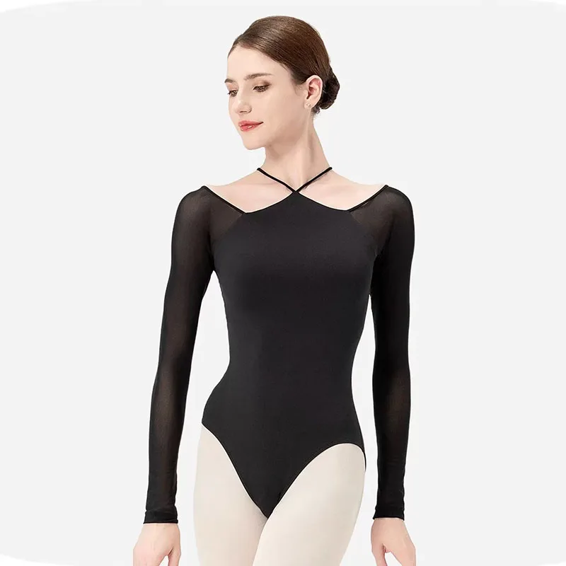 

Black Mesh Ballet Leotard Women Cross shoulder strapsOne-piece cup Classical Dancewear Gymnastics Swimsuit Yoga Tights Performan