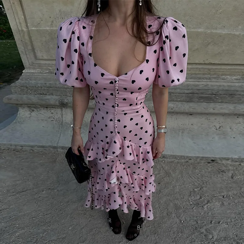 

Women's summer new style temperament square collar heart-shaped printed bubble sleeve irregular dress