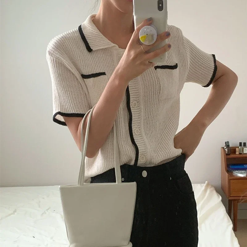 Chique Gebreid Vest Dames Zomer Turn-Down Kraag Witte Stevige Pocket Tops Dames Kantoor Koreaanse Elegante Vesten Straat