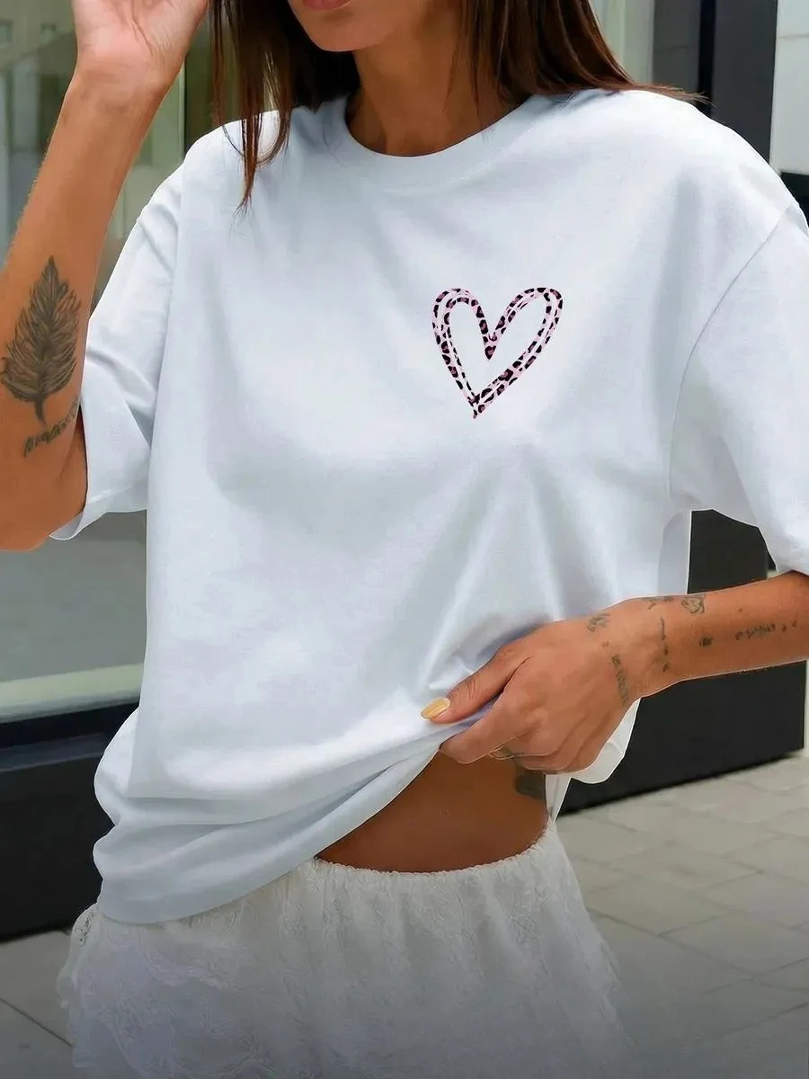 Trendy Women's Short Sleeve Cotton T-Shirt Niche Unique Loose-Fit Versatile Top Love Printing Funny Design Original From China