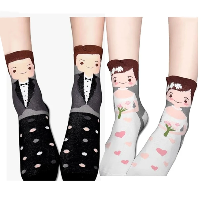 Comfortable Breathable Calf Cotton Socks for Couples Celebrating Love and Affection Cartoon Bride Groom Socks Drop Shipping