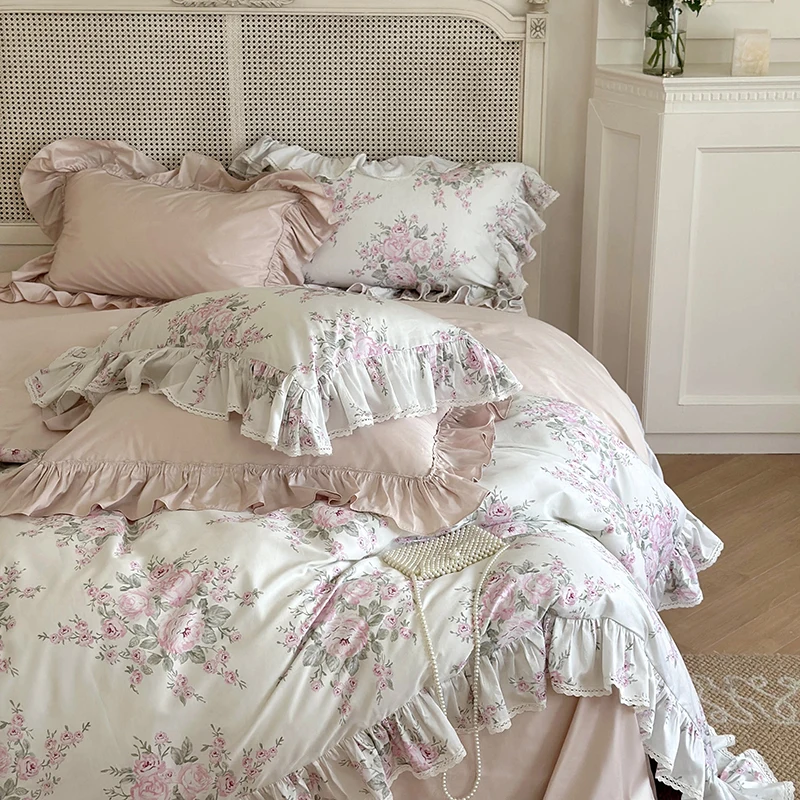 French Rose Flowers Print Lace Ruffles Bedding Set, Egyptian Cotton Duvet Cover, Bed Sheet, Pillowcases, Luxury Vintage, 1000TC