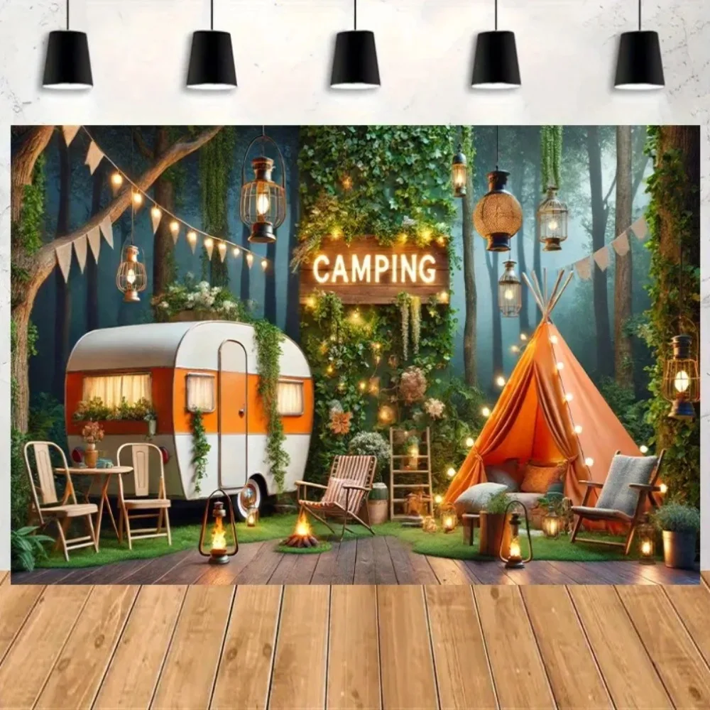 Fotografie-Hintergrundstoff „Happy Camping Forest Adventure Theme“-Banner, Fotografie-Hintergrund für Wald- und Bergwanderdekoration