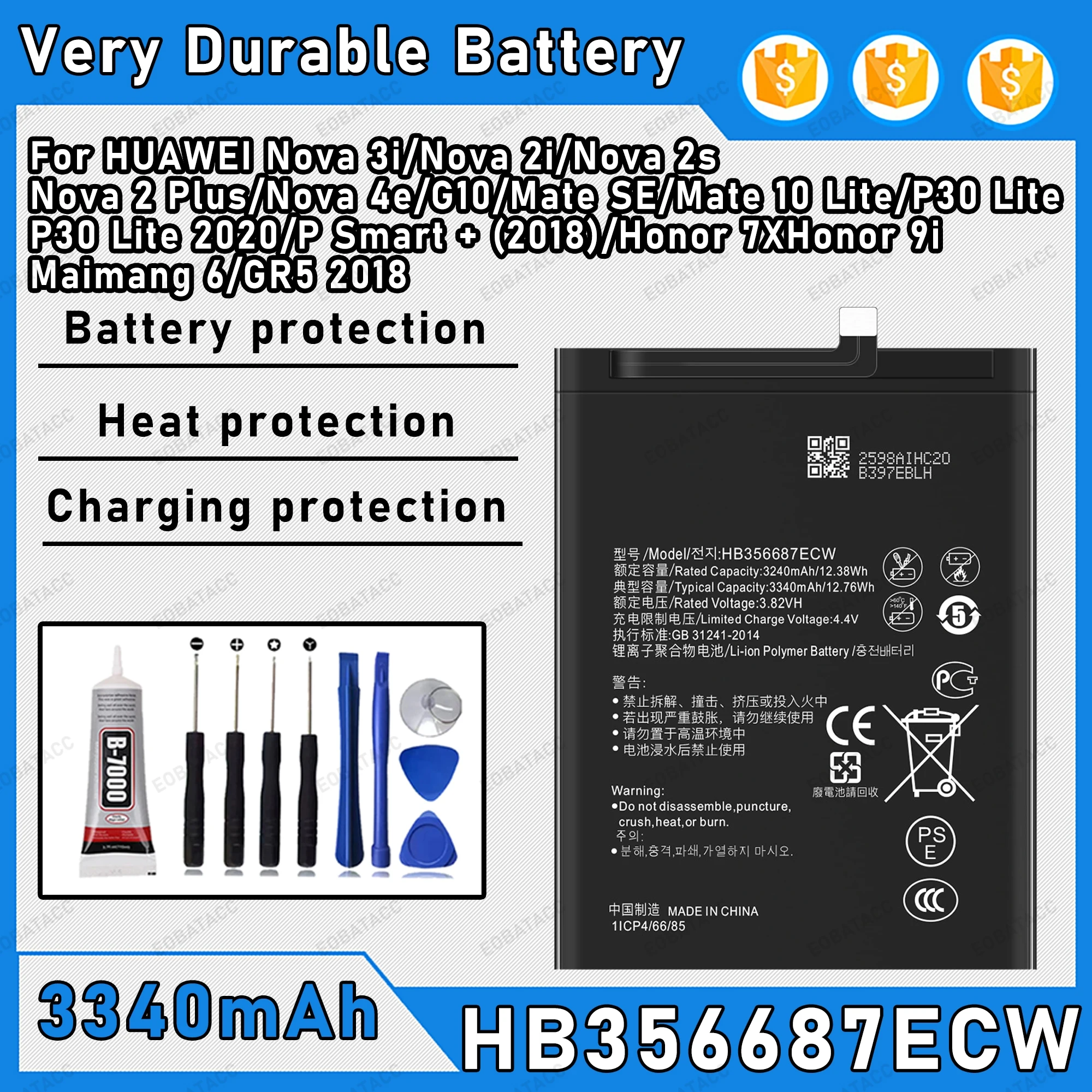 

3340mAh 100% New HB356687ECW Battery For HUAWEl Nova 31/Nova 21/Nova 2s/Maimang 6/GR5 2018/Nova 2 Plus Replacement Bateria+Free