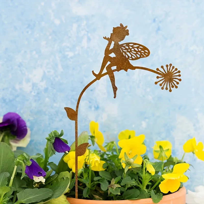 Rusty Metal Dandelion Fairy Garden Pillar Decoration, Metal Fairy Pillar, Outdoor Lawn Path and Patio Decoration, Outdoor Garden Decoration