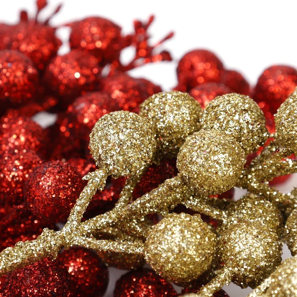 1-20 Branches Glitter 14 heads Artificial Berries Xmas Tree Flowers Bouquet Holly Berry Stamen Plant Christmas Party Home Decor