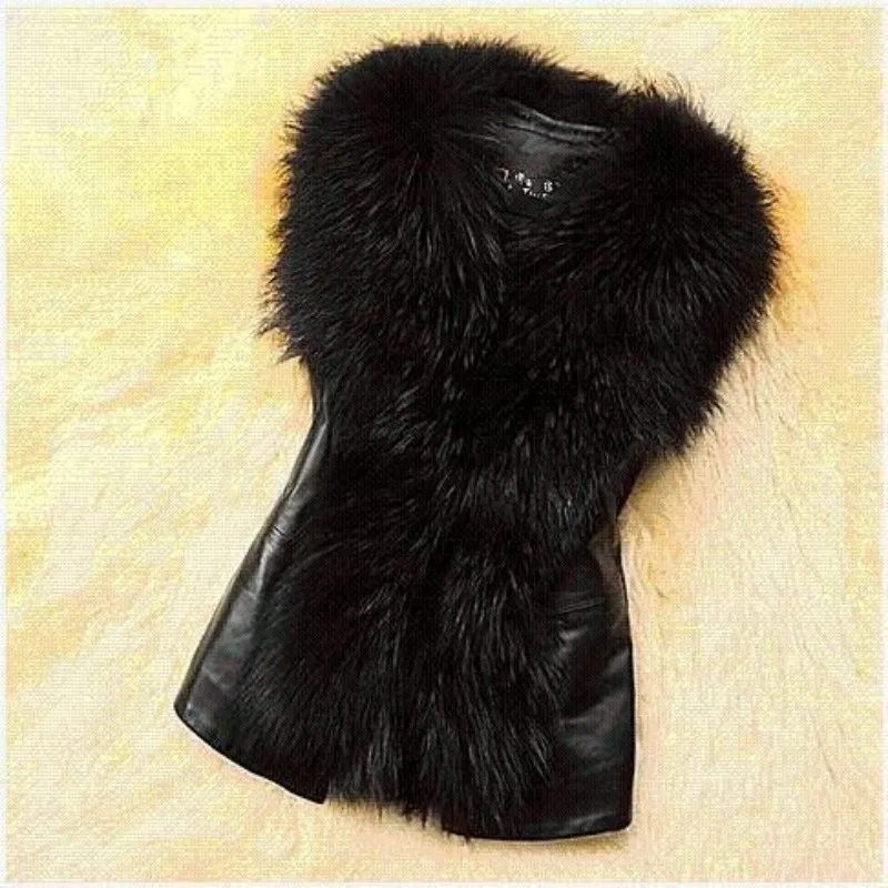 

Fur Vest Short Style Autumn Winter New PU Splicing Imitation Fox Fur Collar Versatile Coat for Women to Slim Down