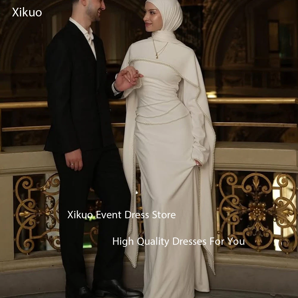 Xikuo Modest Pearl Detailed Wedding Dress Straight Long Vestidos De Novia Long Sleeves Elegant Bridal Gowns For Girl Customized