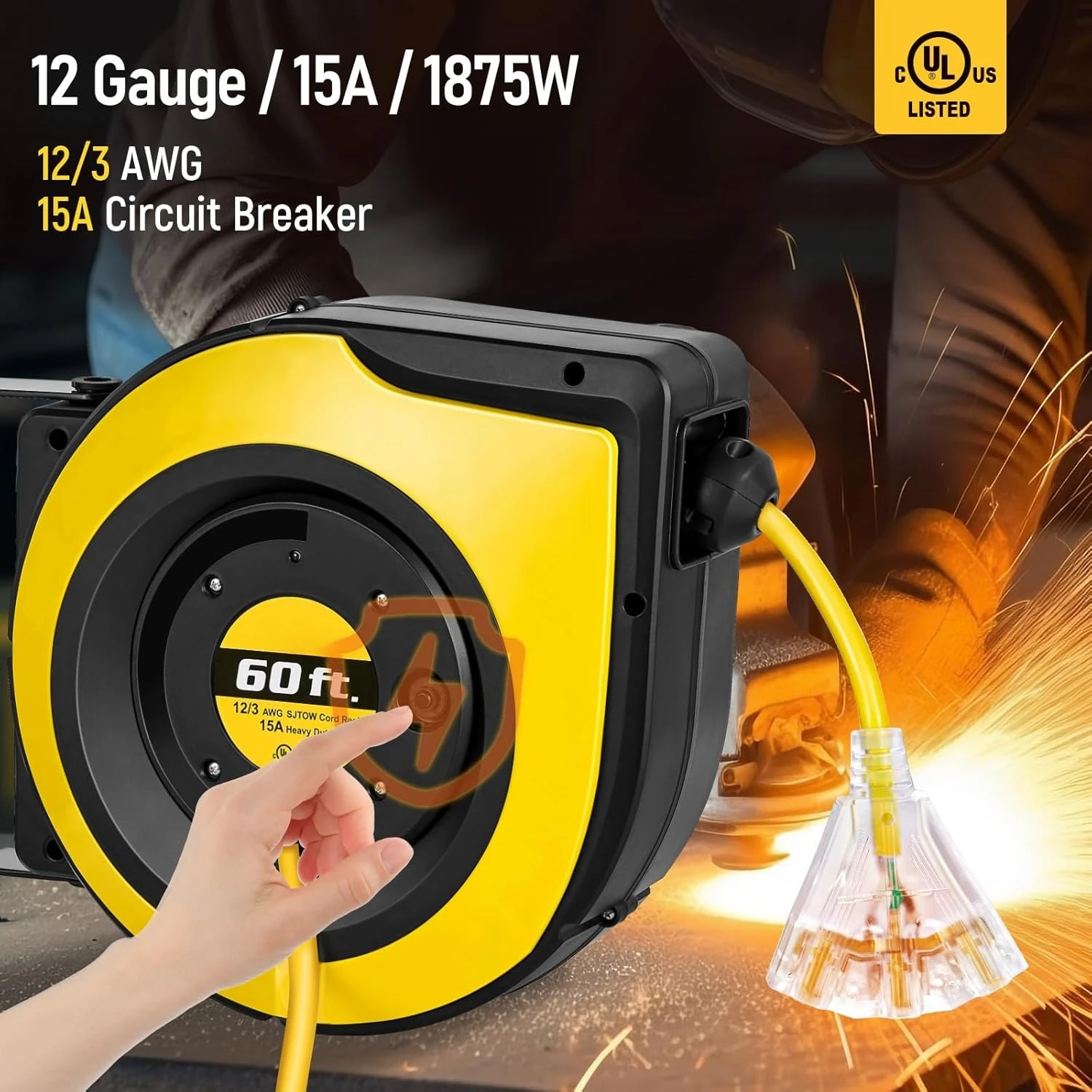 

12 Gauge Extension Cord Reel, 60 FT Retractable Extension Cord, 12 AWG/3C SJTOW Heavy Duty Power Cord,15 AMP Circuit Breaker,New