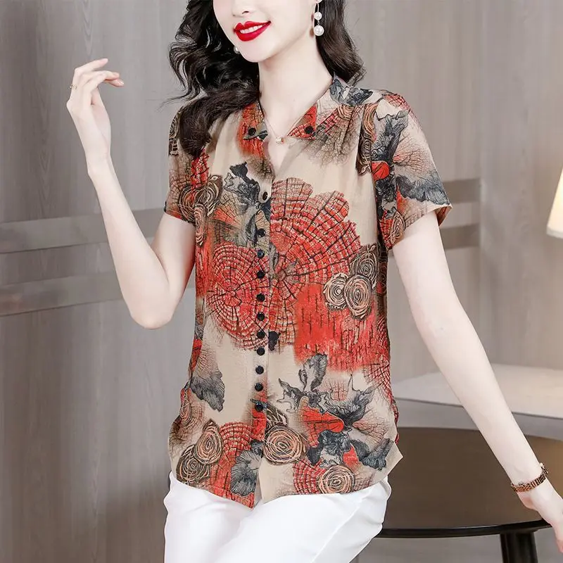 Women\'s Clothing Korean Fashion Vintage Print Elegant Button Up Shirt Summer V Neck Short Sleeve Blouse Cotton Linen Tops Blusas