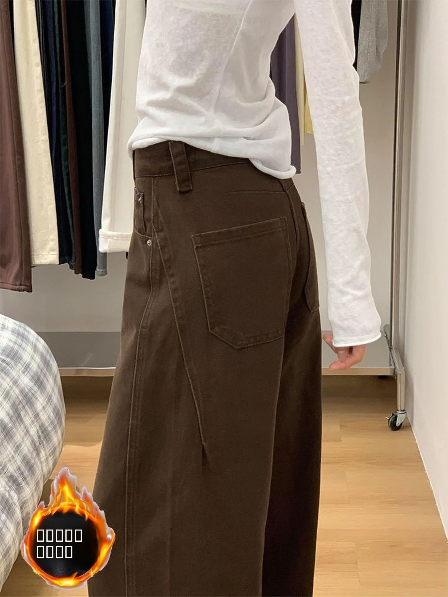 

Ретро-джинсы прямого кроя в американском стиле, с эффектом потертости, коричневые, на флисовой подкладке, утепленные, для женщин, осень-зима, новые, повседневные брюки-клеш