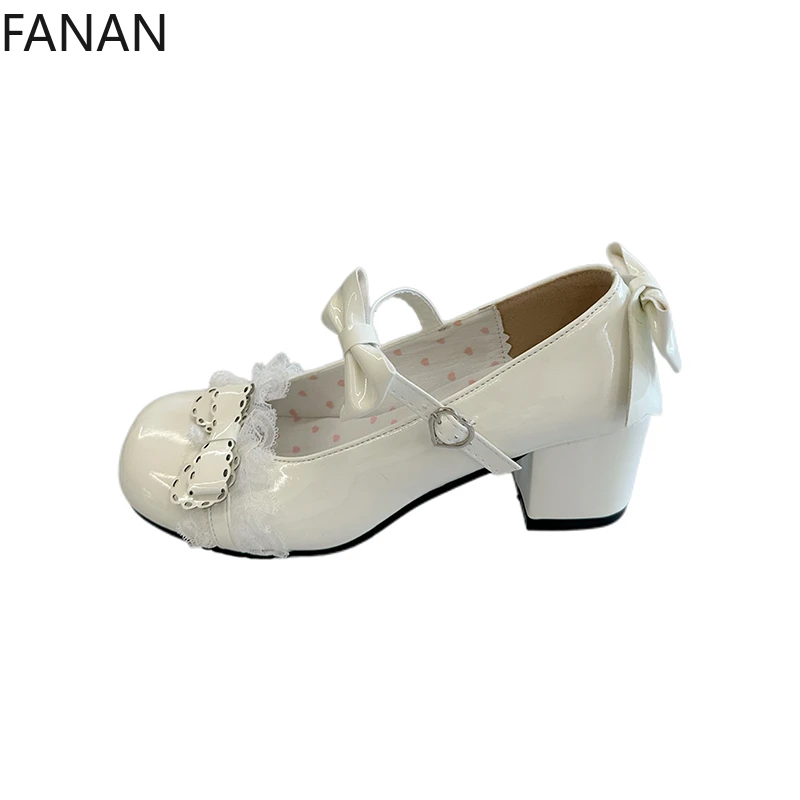 2025 New Large Size Lolita Women's Shoes Sweet Lace Bow Mary Jane Low Heels Fashion Platform Flats Pink Sandals