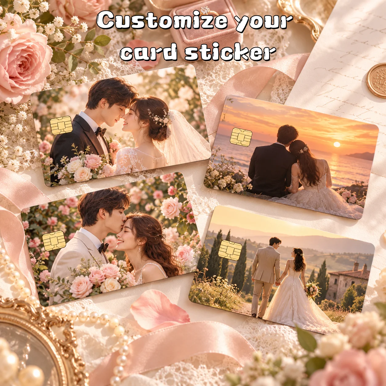 Custom Credit Card Skin 4PCS Personalized Photo Self Adhesive Vinyl Waterproof Couple Keepsake Best Gift for Debit Bank ID Card