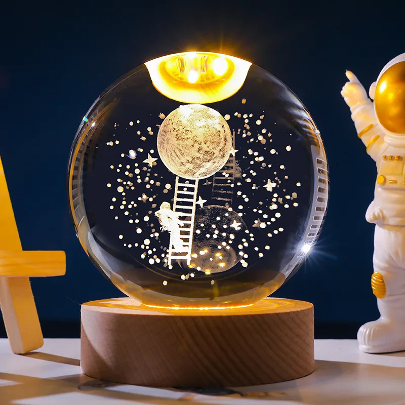 Sfera di cristallo 3D Gesù Galassia Luci decorative Base in legno con sfera di cristallo da 6 cm Pianeta Luce notturna Intaglio laser Regali per le vacanze
