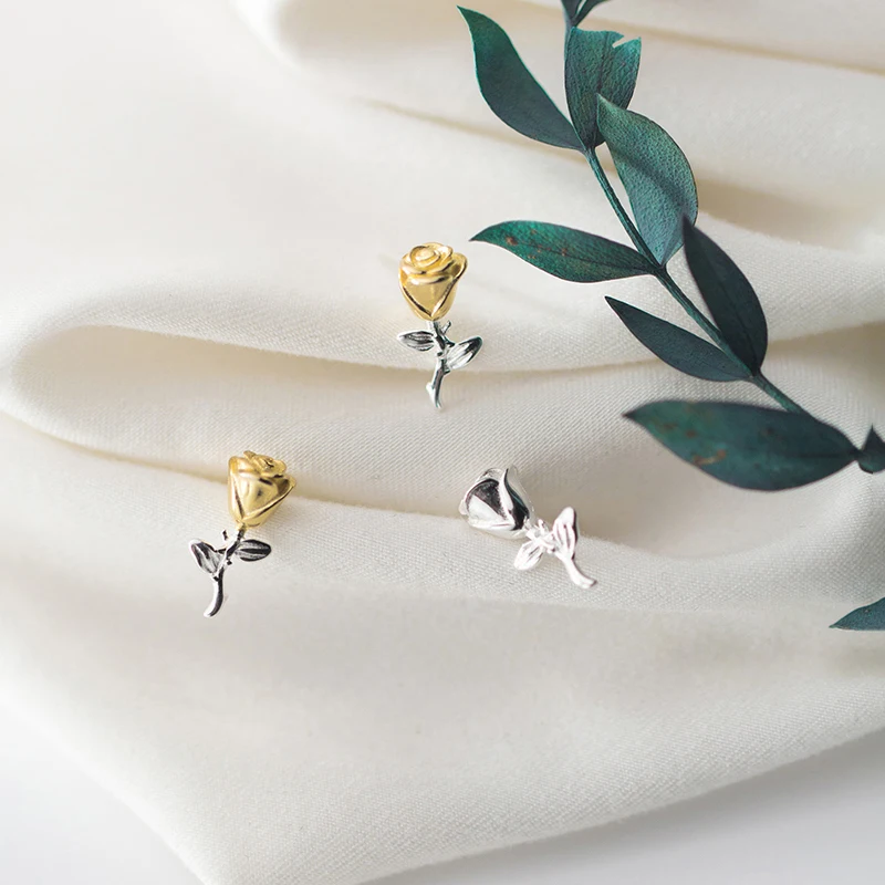 Modian Gold Color Rose Flower Jewelry For Women Charm Tree Leaf Classic Real 925 Sterling Silver Fashion Stud Earrings Gift