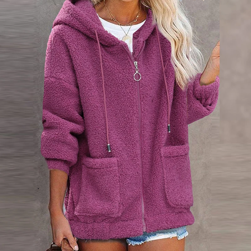 Autumn Winter Warm Jacket Women Casual Hoodies Coats Long Sleeve Outwears Solid Pocket Zipper Plush Coats