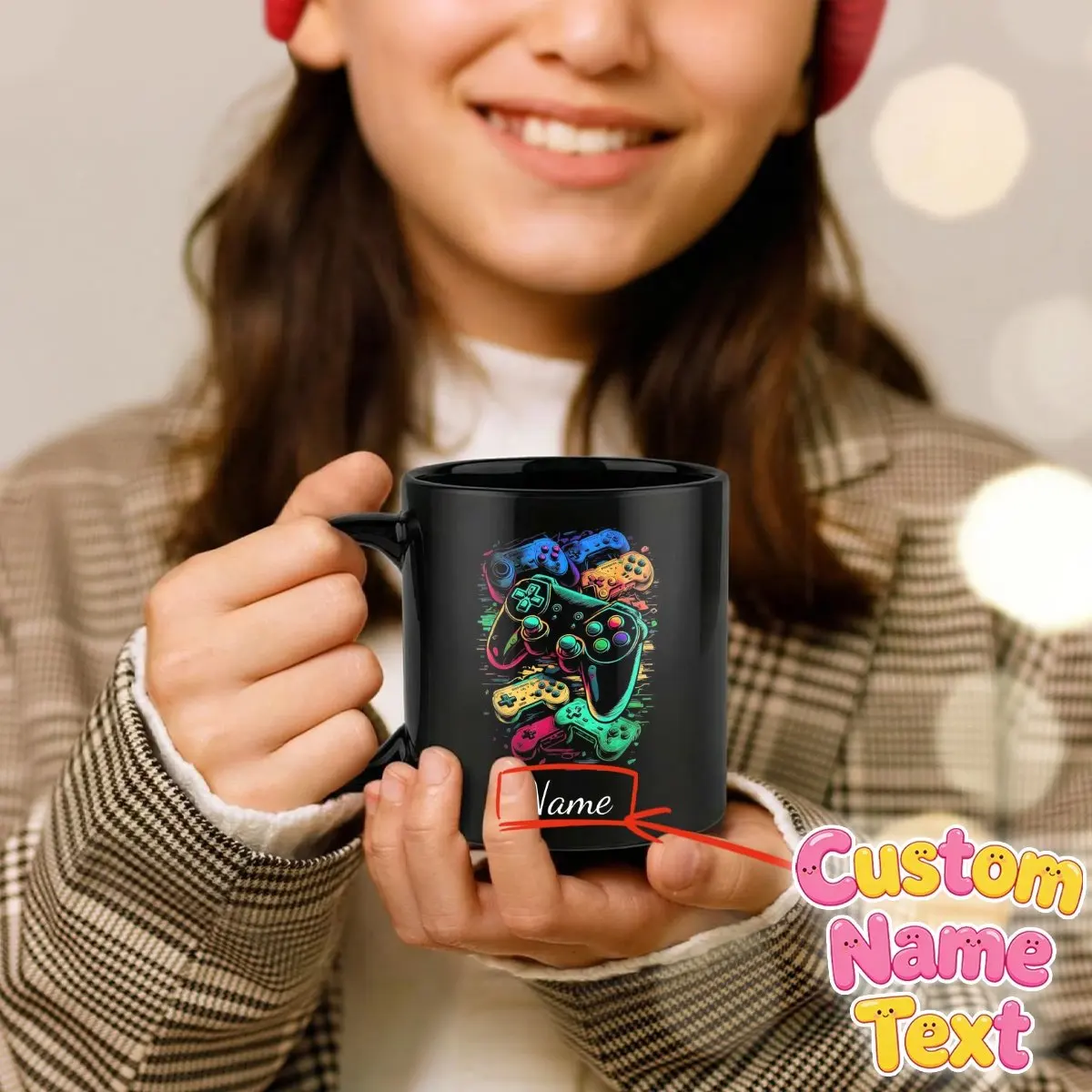 Custom Name) Personalized gaming mug with a custom name, perfect for gamers. This 11-ounce black ceramic mug features colorful p