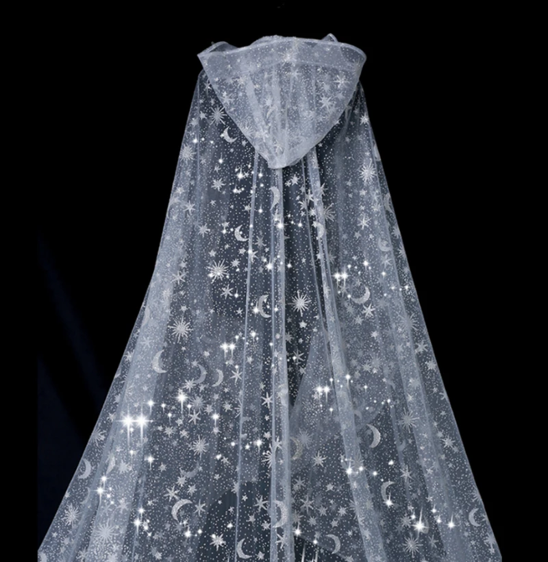 Bling Wedding Veil Bridal Cape Shiny Glittering Stars Moon Long Cathedral Sequins Shawl Hooded cloak Accessories