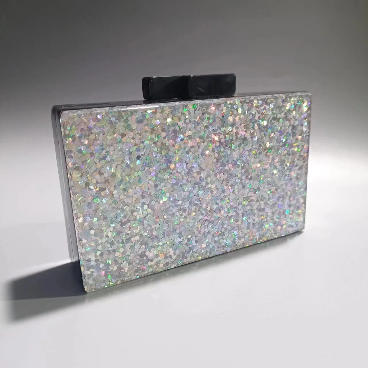 Women Fashion Black Silver Glitter Sequins Clutch Stylish Acrylic Evening Bag Chain Crossbody Shoulder Shiny Bag Hard Box Purse