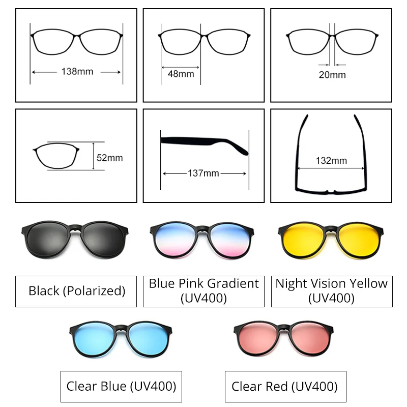 Ralferty 5 In 1 Magnetic Sunglasses Women Men Round Clips On Glasses Polarized UV400 Driving Anti-glare Sun Glasses Optic Frame