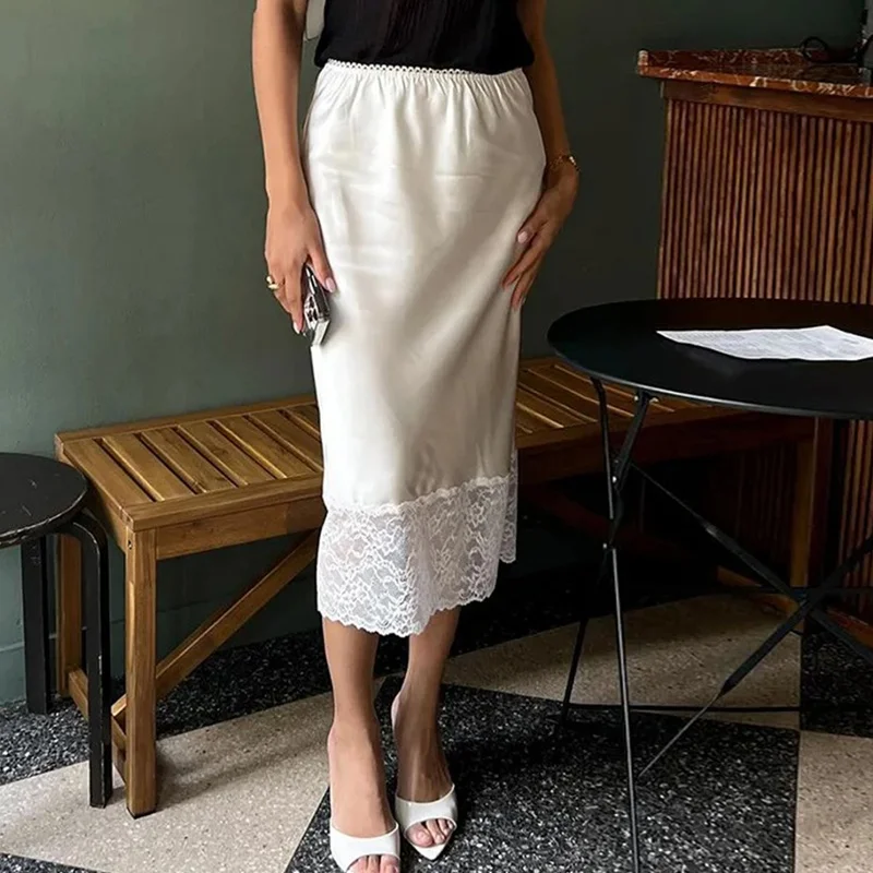 Nuove donne gonna longuette con orlo in pizzo gonne lunghe patchwork in pizzo sottile in raso gonne lunghe eleganti da ufficio a vita alta bianche