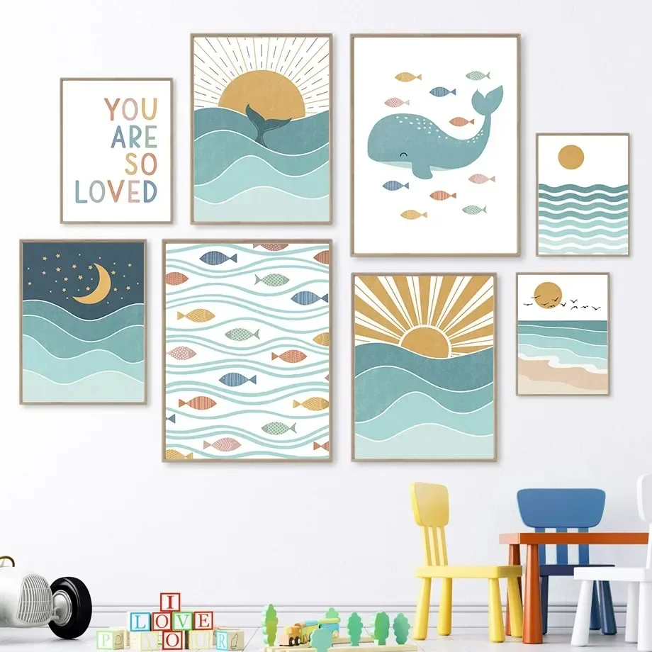 غروب الشمس شاطئ المحيط يقتبس الأسماك الحوت النورس شروق الشمس الرسم على لوحات القماش الجدارية الملصقات والمطبوعات جدار صور غرفة الاطفال ديكور
