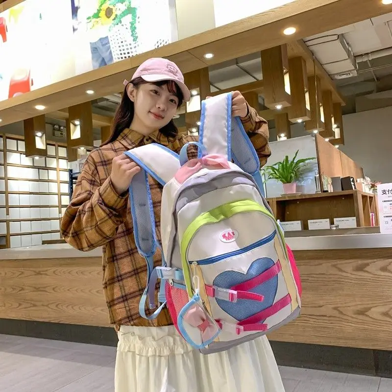 Contrast Color Patchwork Heart Women Backpack Japanese Kawaii All Match Girls Students Backpacks High-capacity Vintage Schoolbag