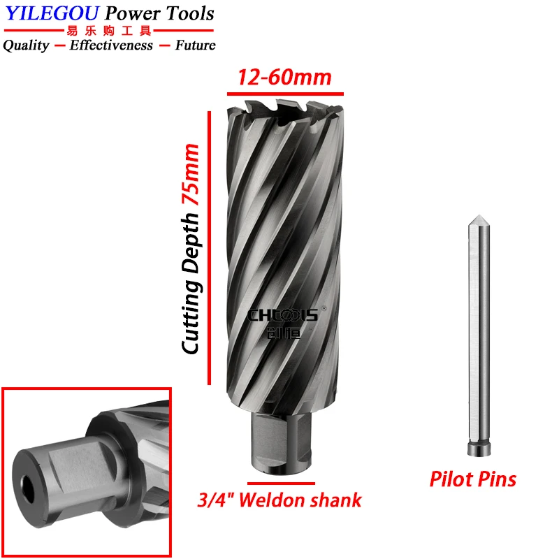 

18--60mm x 75mm HSS-E Annular Cutter With 3/4" (19.05mm) Weldon Shank 3" HSS Hollow Drill Bit 22*75mm Metal Hole Saw + Pilot Pin