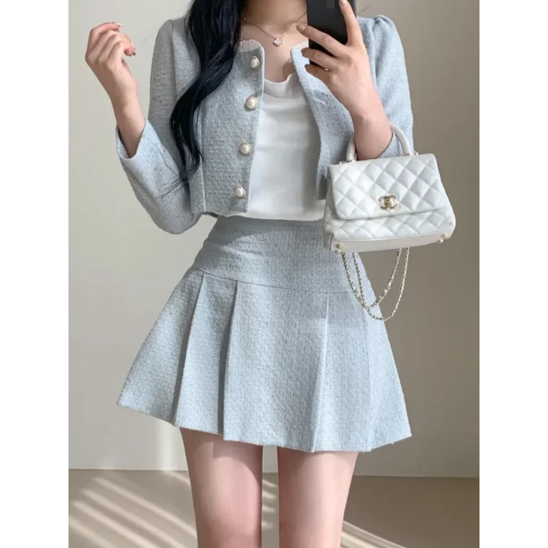 Fashionable Korean Elegant Fragrant Short Jacket Short Coat+High Waist Mini Skirt Set Slim Fit Women\'s Two Piece Set