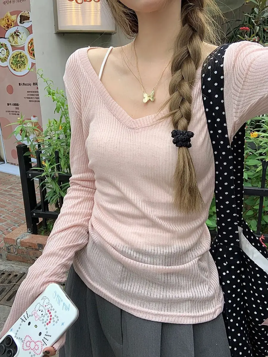 

Summer Thin Long Sve V-Ne Knitted Top Women's Spring Autumn New Design Layering irt Lightweight Breathable T-irt