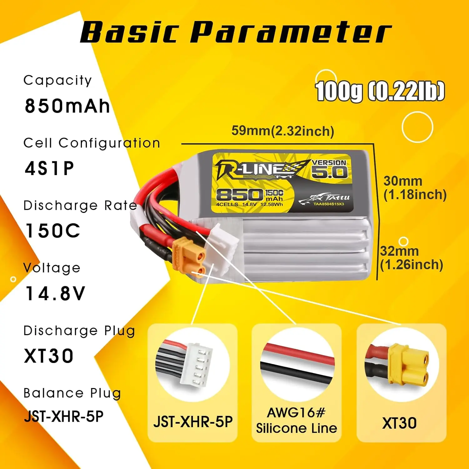 Tattu R-Line 5.0 850mAh 4S 150C 14.8V Lipo Battery with XT30U-F Plug