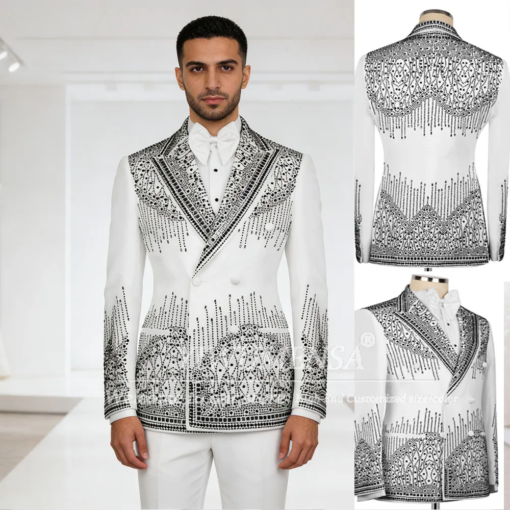 

Black Diamond Beaded Stones Suits Men 2 Piece Set Double Breasted Jacket Pants Customized Groom Banquet Tuxedos Outfits Skinny