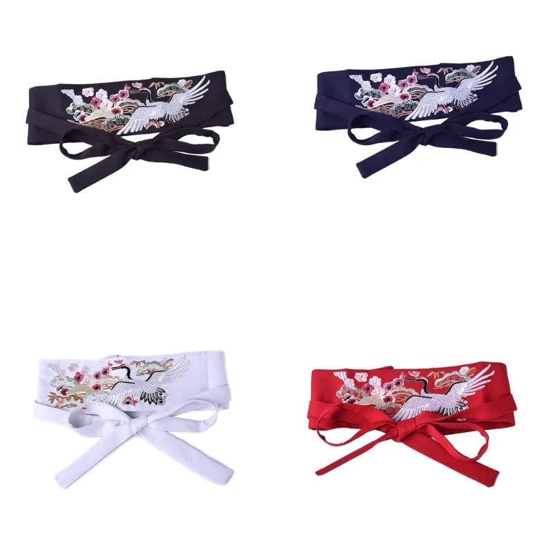 

Chinese Hanfu Belt Wide Tie Belt with Chinese Embroidery Crane Flower Pattern Dropship