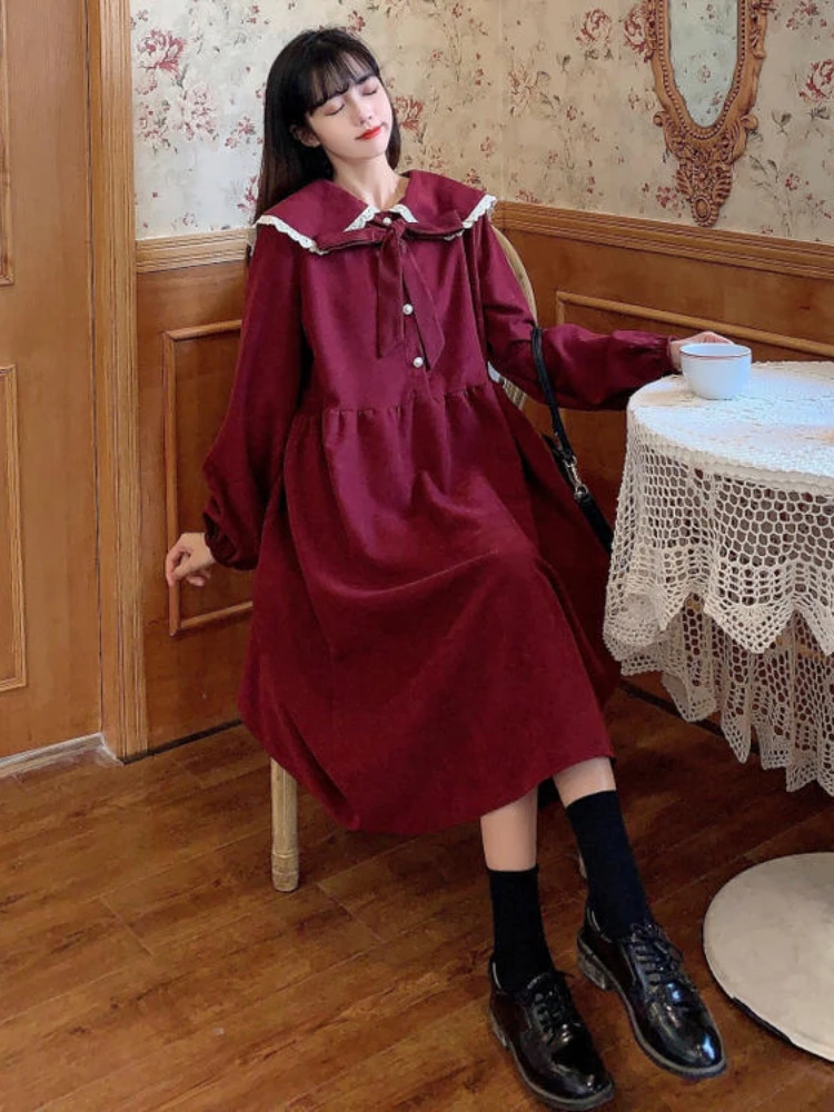 Y2k Chic Oversized Dress for Women Patchwork Robe Femme 2024 Vestidos De Mujer Sweet Peter Pan Collar Vintage Slim Waist Dresses