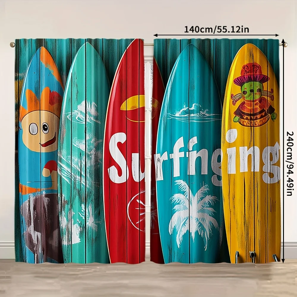2pcs Surfboard Curtains Beach Summer Wood Window Drapes Kids Room Decor Tropical Vibration Shade Panel, (Rod Not Included)